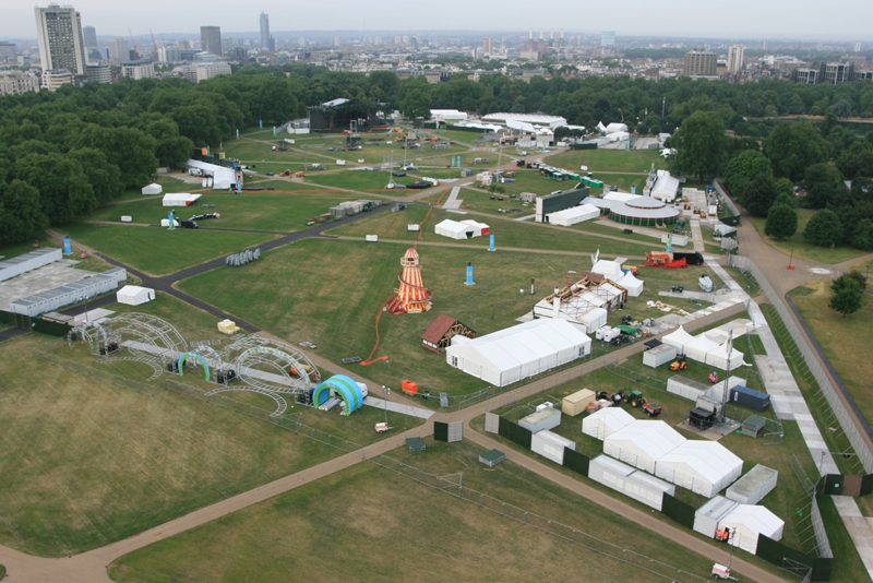 Aerial view on balloon flights over London of Hyde Park preparing to host the British Summer Time event in July with Battersea Power Station in the background